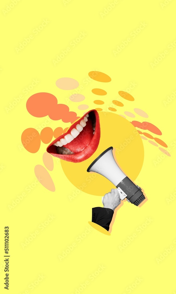 Human hand with megaphone and female open mouth. Modern design, contemporary art collage. Inspiration, idea, trendy urban magazine style. Human hand with megaphone and female open mouth. Modern design, contemporary art collage. Inspiration, idea, trendy urban magazine style.