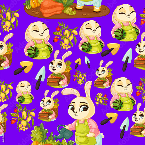 Cute spring seamless pattern on purple background with cute gardening bunnies  delicious lemons  and cute gardening tools. Texture for scrapbooking  wrapping paper  invitations. Vector illustration.