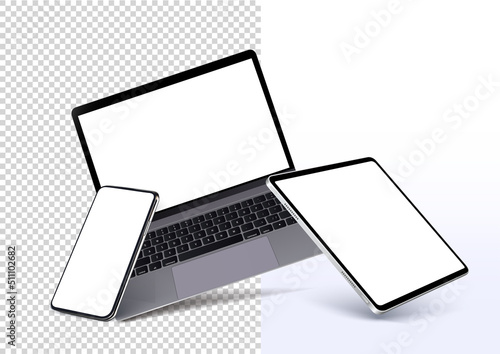Gadget Realistic Layouts - smartphone, tablet, laptop with a blank screen for your design. Layouts of electronic devices in the rotated position. Stock Vector illustration