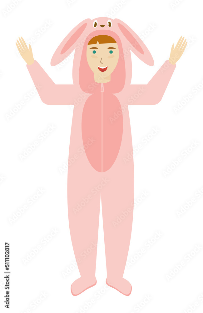 Bunny Kid in animal pajama. Child wear cloth for sleepover, funny pajama or animal costume. Halloween, pajama or birthday party dress. Isolated vector illustration on white background Bunny Kid in animal pajama. Child wear cloth for sleepover, funny pajama or animal costume. Halloween, pajama or birthday party dress. Isolated vector illustration on white background