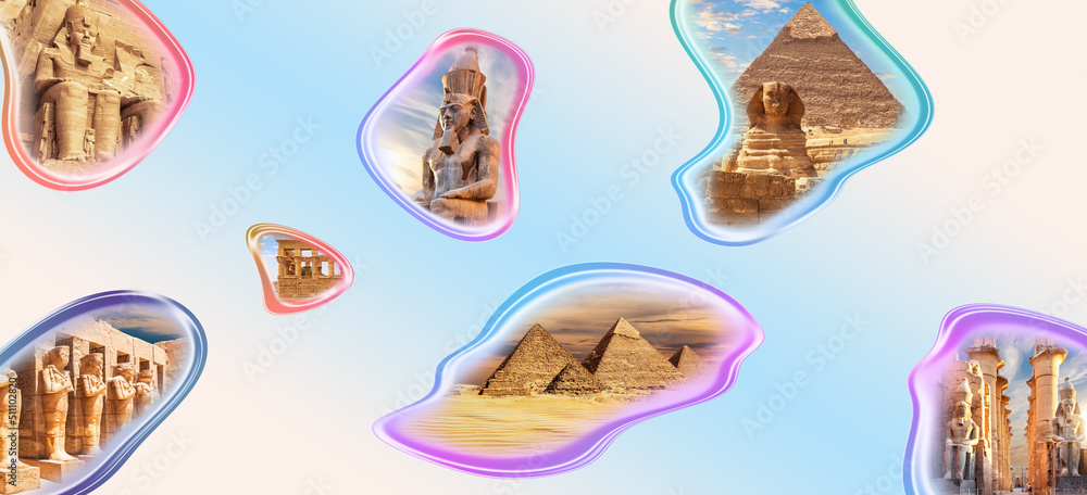Famous places of visit of Egypt, creative collage, Luxor, Aswan, Giza