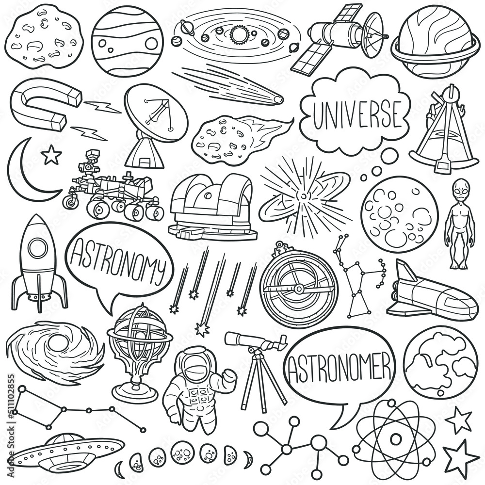 Astronomy Doodle Icons. Hand Made Line Art. Space Astronaut Clipart Logotype Symbol Design.