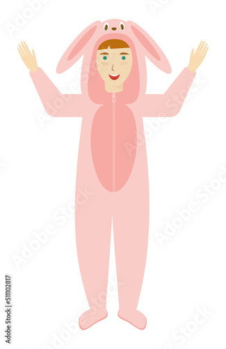 Bunny Kid in animal pajama. Child wear cloth for sleepover, funny pajama or animal costume. Halloween, pajama or birthday party dress. Isolated vector illustration on white background