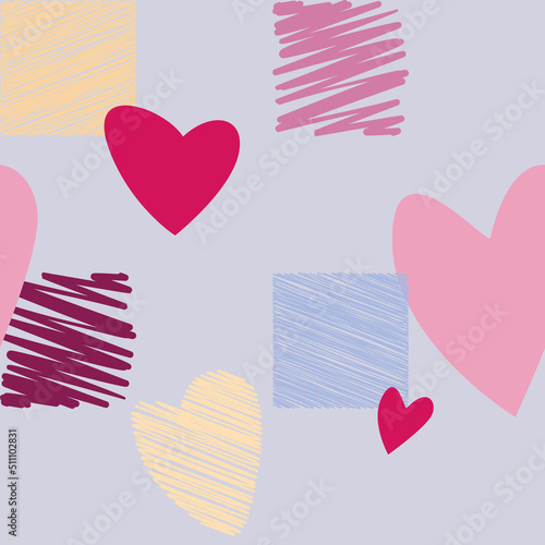 Hand drawn heart, squares
 seamless background, vector illustration