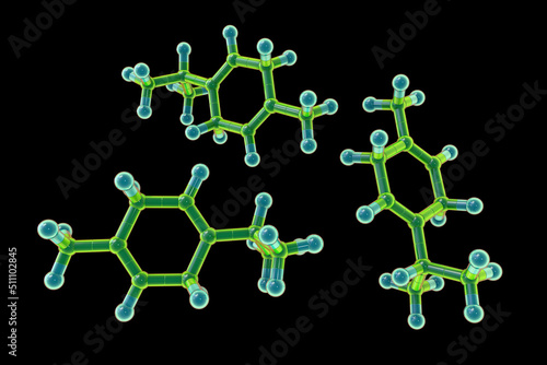 Gamma-terpinene molecule, 3D illustration. Naturally occurring organic compound found in essential oils of lime, mandarin, marjoram, tea tree, and other plants. Has antiseptic, antifungal properties