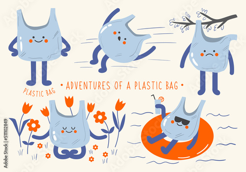 Vector set of funny hand drawn illustrations of plastic bag adventures. Nature pollution problem for kids. Recycle and reuse garbage concept with cute comic character