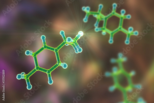 Gamma-terpinene molecule, 3D illustration. Naturally occurring organic compound found in essential oils of lime, mandarin, marjoram, tea tree, and other plants. Has antiseptic, antifungal properties