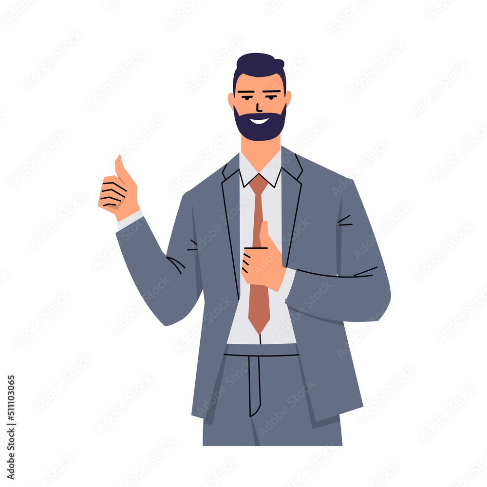 Young man in suit and tie shows thumbs up with both hands. Gesture of approval, cool, good. Businessman, leader, office worker isolated on white background. The character is smiling. Flat vector. Young man in suit and tie shows thumbs up with both hands. Gesture of approval, cool, good. Businessman, leader, office worker isolated on white background. The character is smiling. Flat vector.