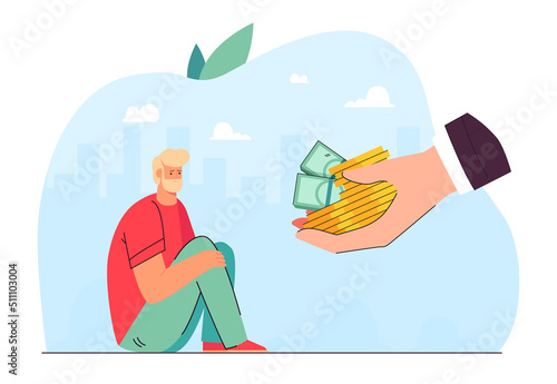 Sad man getting money. Male character in casual clothes getting coins and banknotes. Money, poverty concept for website or landing page