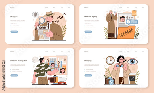 Professional detective web banner or landing page set. Agent investigating