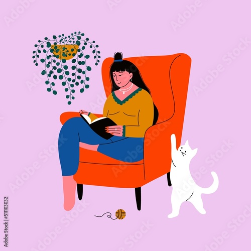 Woman reading book. Girl on sofa with book, cat plant, cartoon hand drawn character, literature fan. Vector illustration