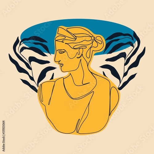 Ancient greek sculpture. Greece mythology statue one line drawing, goddess head art design. Vector illustration