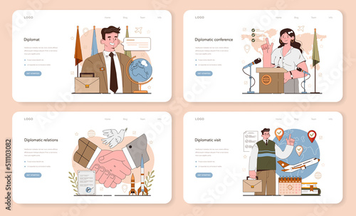 Diplomat web banner or landing page set. International relations