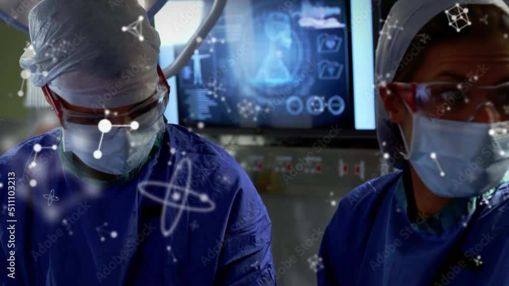 Animation of molecules over diverse surgeons operating Animation of molecules over diverse surgeons operating