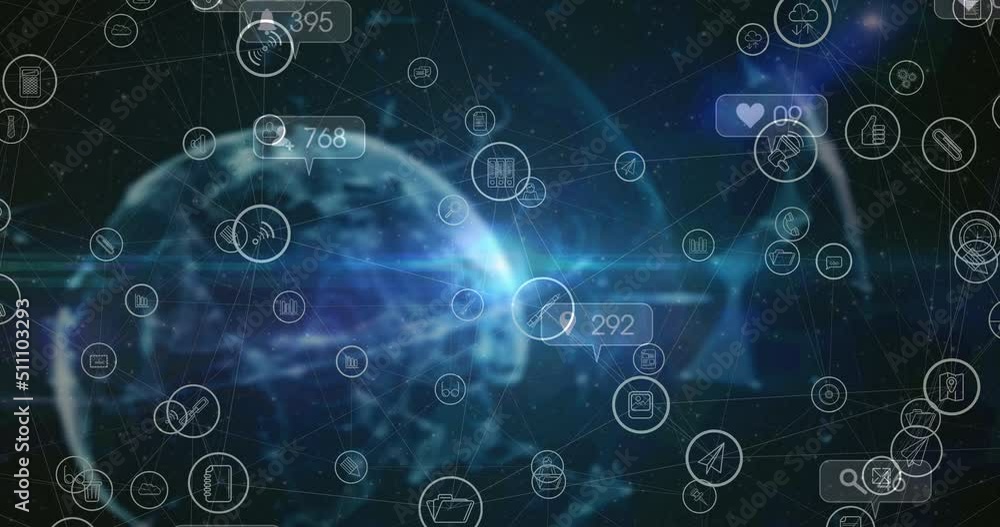 Animation of globe with network of social media icons and numbers Animation of globe with network of social media icons and numbers