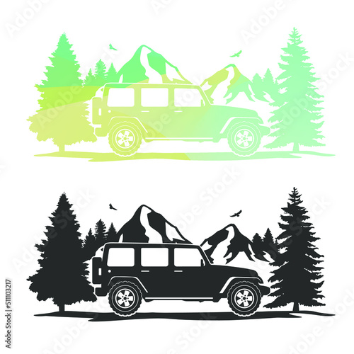 Offroad Illustration Clip Art Design Shape. Mountain Scene Silhouette Icon Vector.