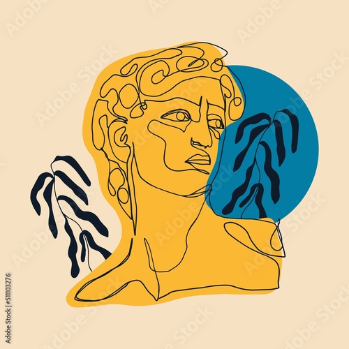Ancient greek sculpture. Greece mythology statue sketch David head one line style, antique god. Vector modern art