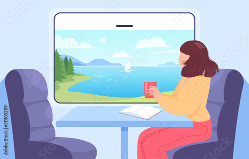 Woman looking from train window. Female character drinking tea, reading and enjoying ocean sights in summer. Transport, travelling, vacation concept for website or landing page