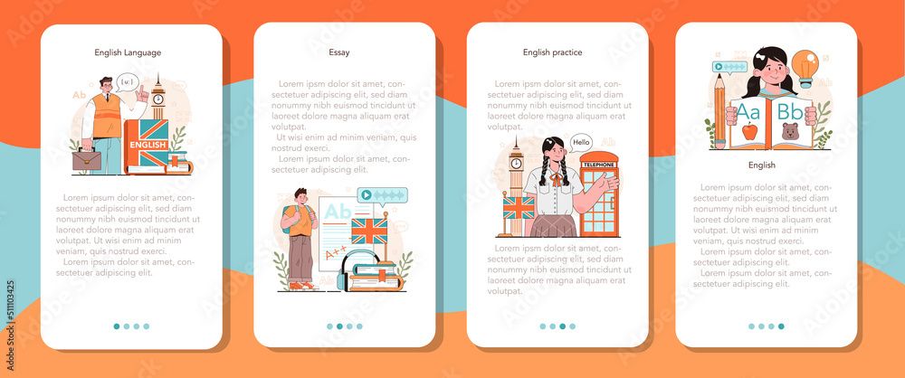 English class mobile application banner set. Study foreign languages