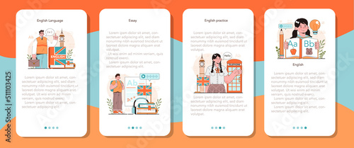 English class mobile application banner set. Study foreign languages