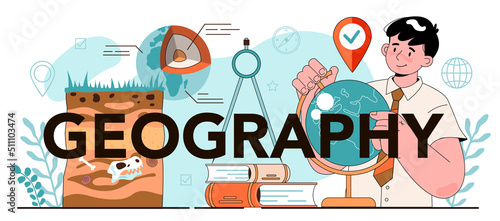 Geography typographic header. Students learning the lands and inhabitants