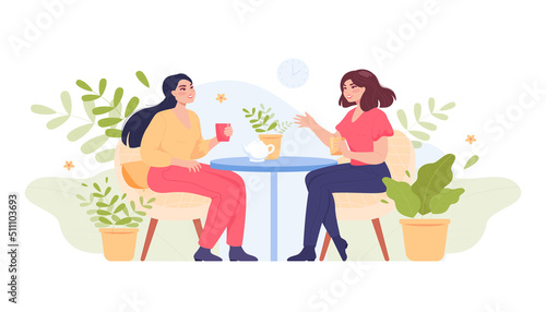 Female friends having tea break. Women sitting at table in garden cafe, drinking tea and talking. Leisure, friendship concept for website or landing page