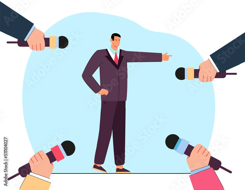 Angry man trying to avoid journalists. Male character gesturing at hands with microphones. Interview, misunderstanding concept for website or landing page concept for website or landing page