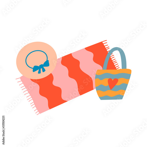 Beach accessories on isolated background. Vacation vector illustration with hat, beach towel and bag. 