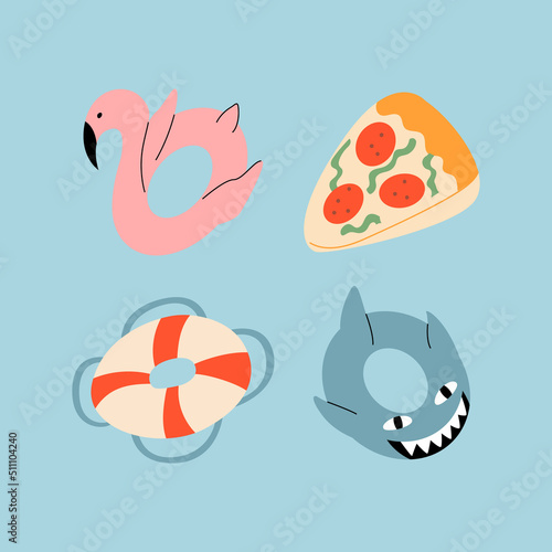 Set of cute rubber rings and toys for pool and sea. Beach accessory. Flamingo, shark, lifebuoy, pizza. Vector flat illustration on isolated background