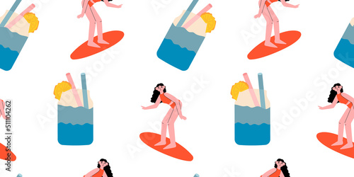 Seamless pattern with summer drinks and surfer girl. Woman on the surfboard. Fresh cocktail with pineapple. Vector colorful background