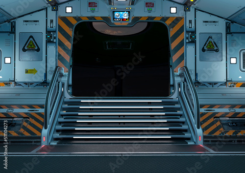 Fototapeta Naklejka Na Ścianę i Meble -  inside view from the minner door open of the spaceship is landed in desert sunset