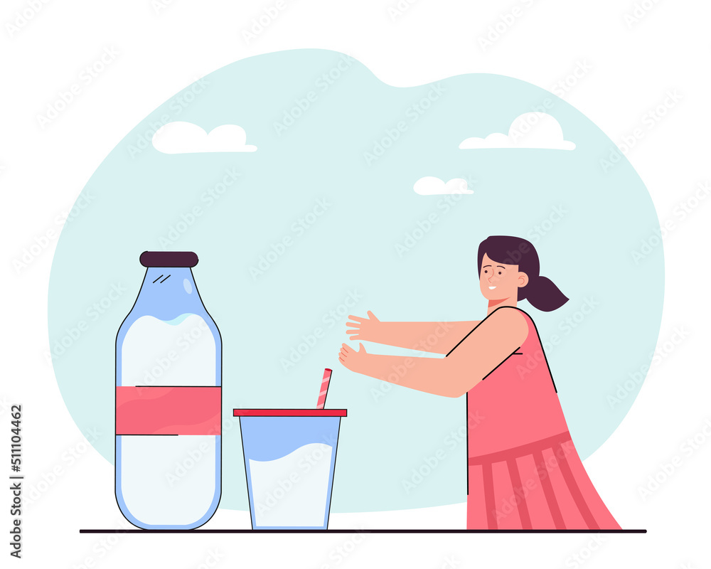 Little girl getting ready to drink milk. Child running to glass and bottle with milk. Nourishment, food, beverage concept for website or landing page Little girl getting ready to drink milk. Child running to glass and bottle with milk. Nourishment, food, beverage concept for website or landing page