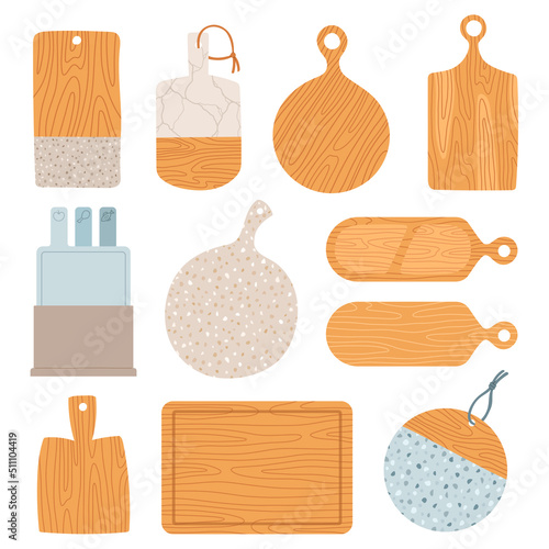 Wooden cutting boards set flat design vector