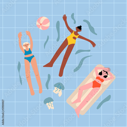 Vector illustration of diverse women swimming, relaxing and sunbathing on a mattress in the pool. Top view summer illustration with people, jellyfish and ball. Diversity equality concept. 