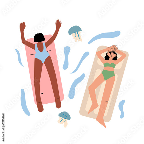 Vector illustration of diverse women in swimwear relaxing and sunbathing on a mattress in the sea. Top view summer illustration with people and jellyfish. Diversity equality concept. 