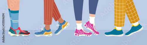 Sports footwear banner. Legs in sneakers side view. Healthy lifestyle concept. Women and men walking in sneakers. Daily activity. Flat vector illustration