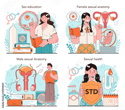 Sexual education concept set. Sexual health lesson for young people.