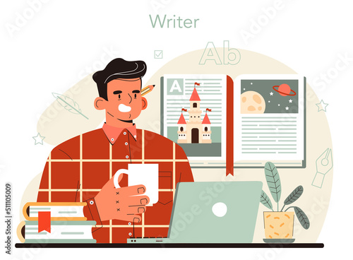 Writer concept. Author writing script of a novel. Bestseller publishing