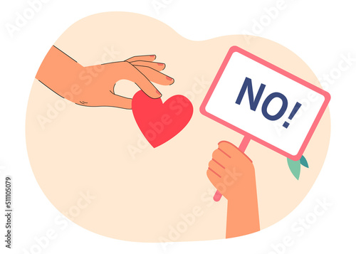 Heart and banner with no word in human hands. Man or woman rejecting feelings of loving one flat vector illustration. Unrequited love, romance concept for banner, website design or landing web page