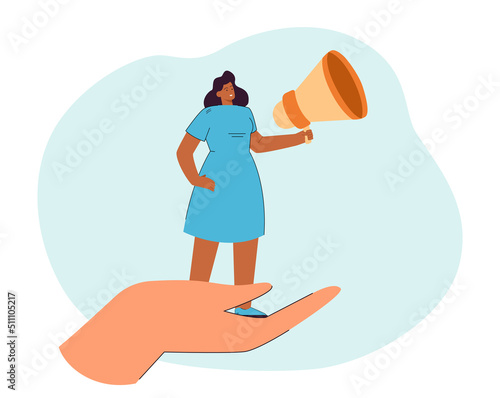 African-American woman with loudspeaker on human hand. Woman fighting for equality, human right flat vector illustration. Protest, discrimination concept for banner, website design or landing web page