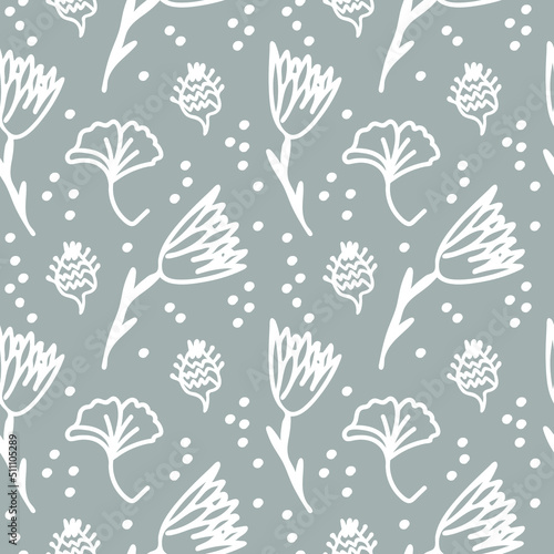 Seamless pattern with fall botanicals in a white line on a gray background.Repeating,floral print in a minimalist style.Designs for textiles,wrapping paper,fabric,packaging. © Мария Минина