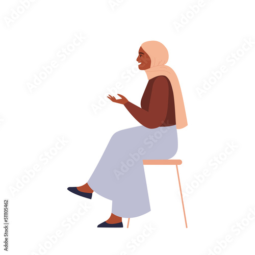 Female character sitting on a chair and talking. Flat vector illustration.
