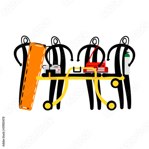 Cartoon character of an emergency medical team and equipment.