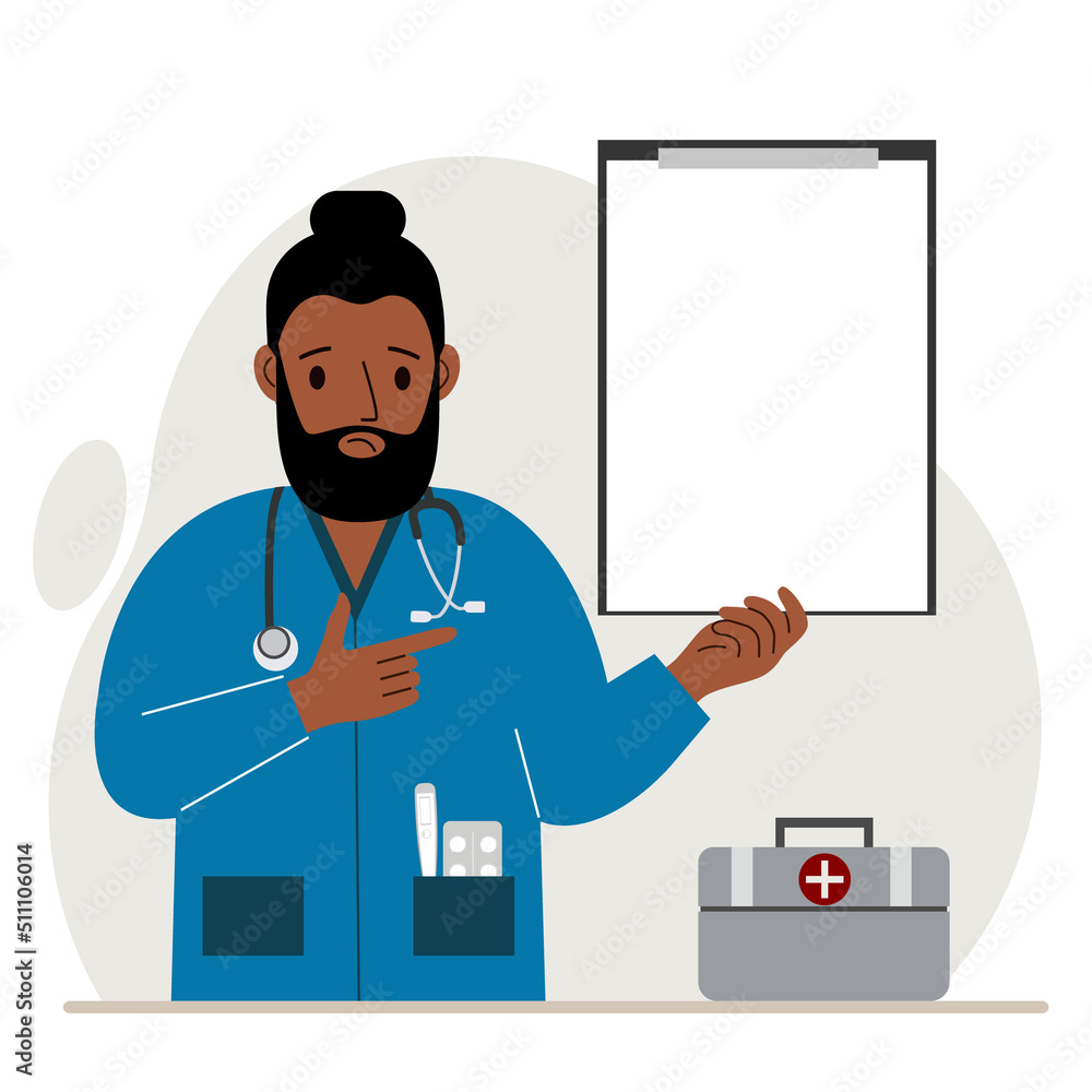 Sad man doctor holding a file with blank paper for text. Vector Sad man doctor holding a file with blank paper for text. Vector