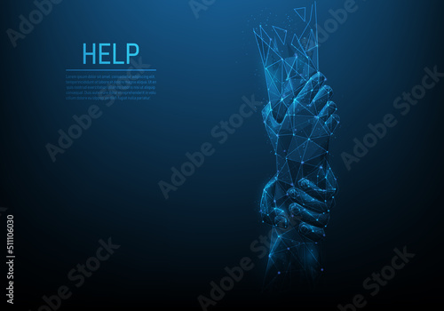 hand help low poly wireframe isolated blue dark background. two human with lines and dots. business teamwork and partners. support and hope concept. vector illustration futuristic technology digital.