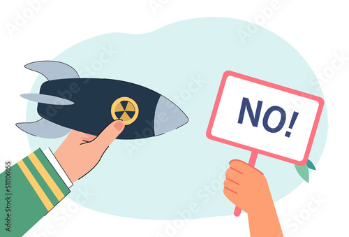 Missile and banner with no word in human hands. People protesting against war flat vector illustration. Demonstration, conflict, freedom concept for banner, website design or landing web page
