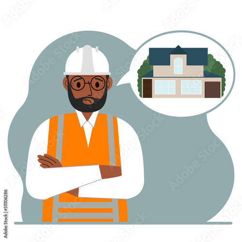 The constructor is thinking about building a house. A sad man in a hardhat and a vest is planning a work process. Engineer, house construction concept.