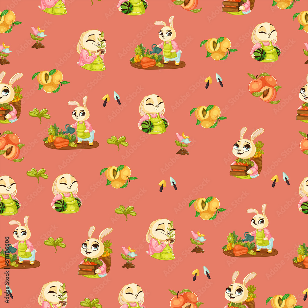 Cute Spring seamless pattern on pink background with cute bunnies, tasty peaches and gardening tools. Great for fabric, wallpaper, textile, wrapping. Vector illustration.