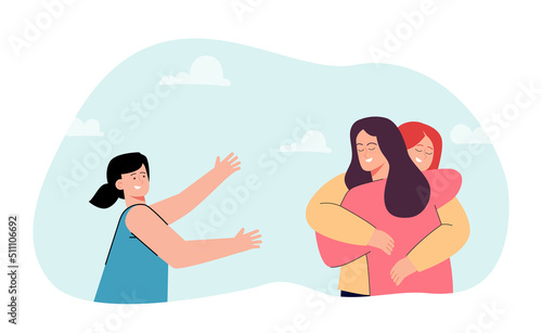 Kid extending arms to hugging girls flat vector illustration. Girl calling for love and attention. Friendship, togetherness concept for banner, website design or landing web page