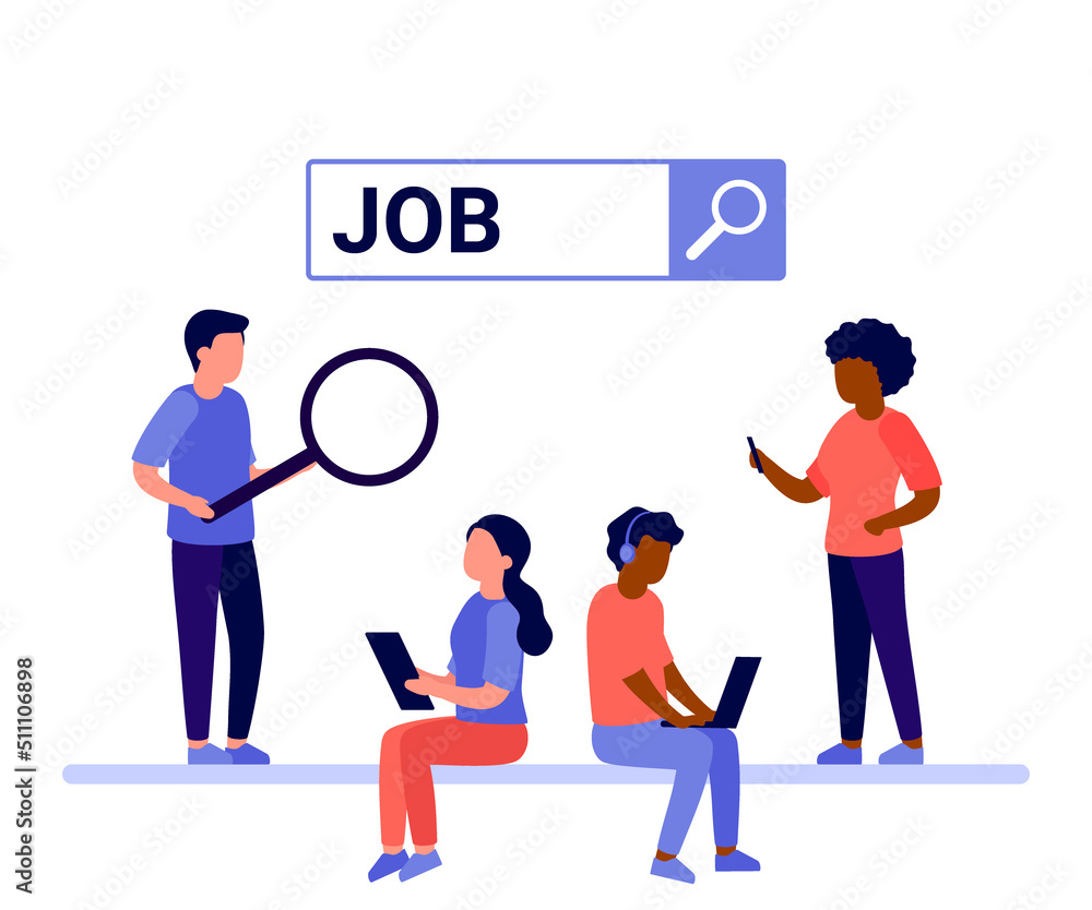 Search job of people online, find vacancy, employment, go to career of hire. People seek opportunity for vacancy or work position. Search new work in internet. Vector illustration